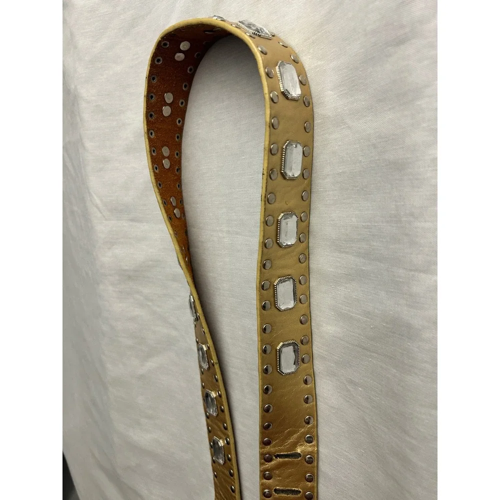 Gold Metallic Leather Studded Crystal Belt Silver Buckle Y2K Glam Boho 40 Inch